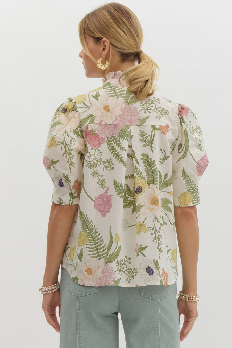 Garden Bouquet Puff Sleeve Button Down Shirt Blouse