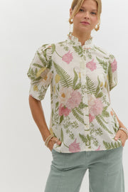 Garden Bouquet Puff Sleeve Button Down Shirt Blouse