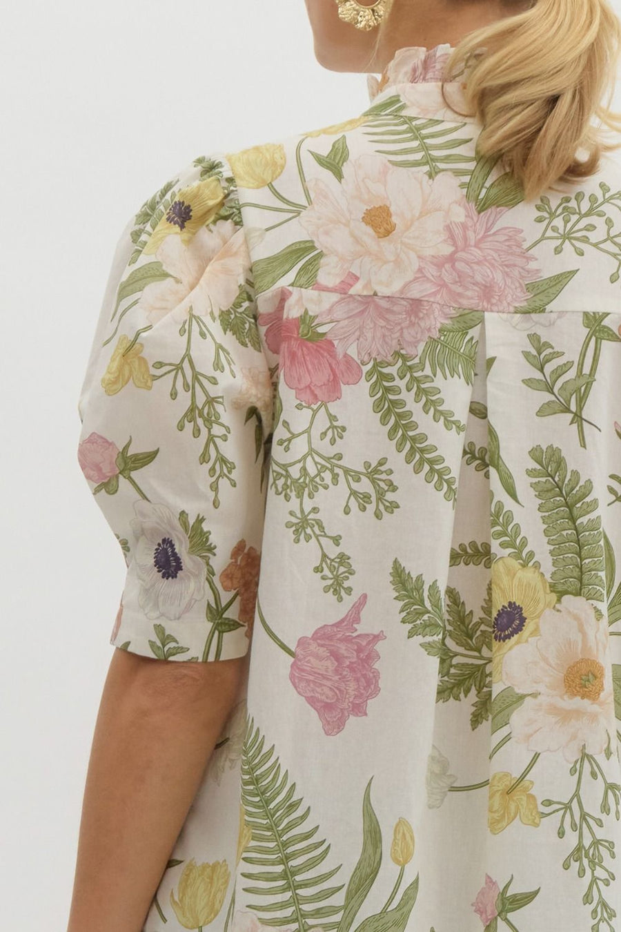 Garden Bouquet Puff Sleeve Button Down Shirt Blouse