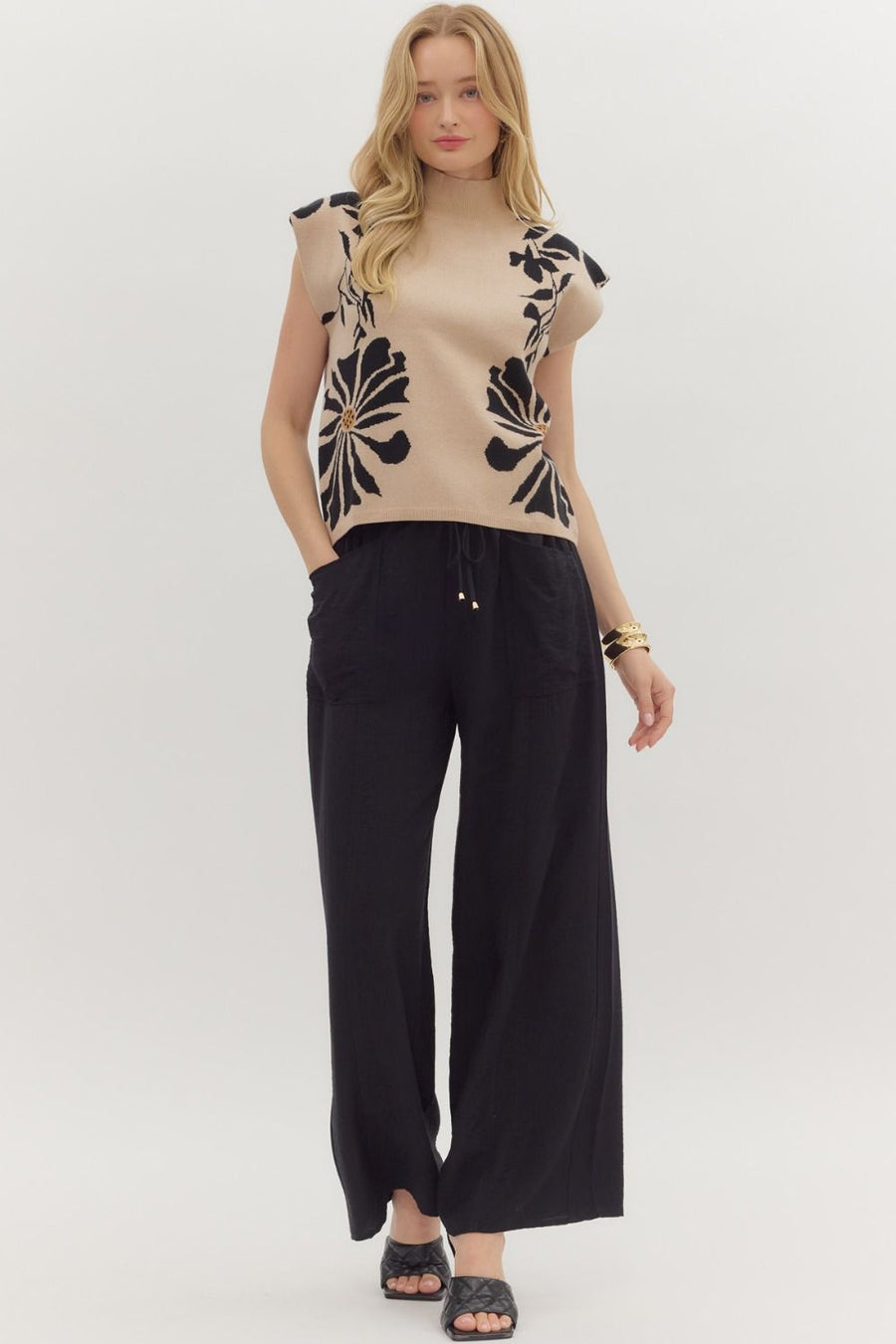 Gracine Floral Pattern High Neck Sweater Knit Pullover Top