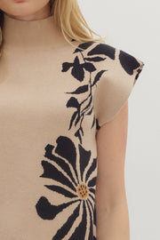 Gracine Floral Pattern High Neck Sweater Knit Pullover Top