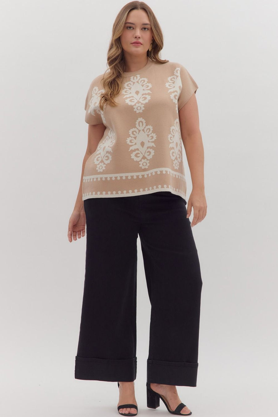 Janie Damask Pattern Woven Sweater Cap Sleeve Pullover Top