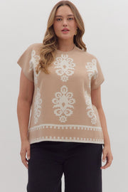 Janie Damask Pattern Woven Sweater Cap Sleeve Pullover Top