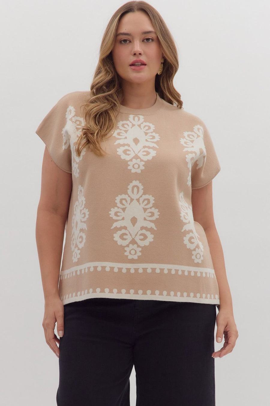 Janie Damask Pattern Woven Sweater Cap Sleeve Pullover Top
