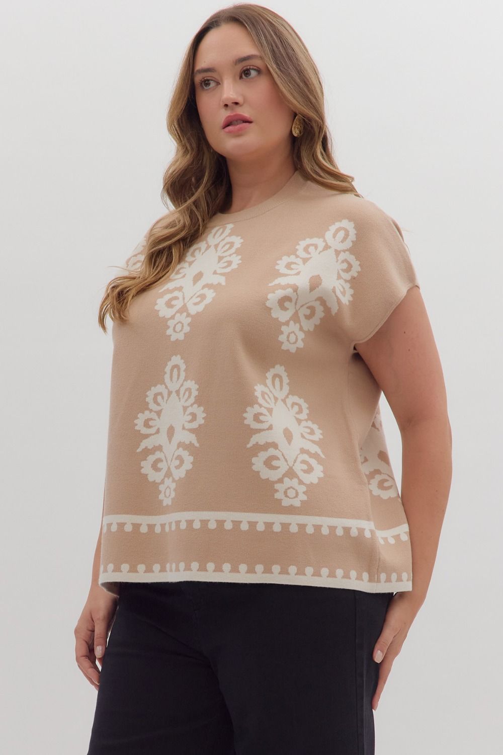 Janie Damask Pattern Woven Sweater Cap Sleeve Pullover Top