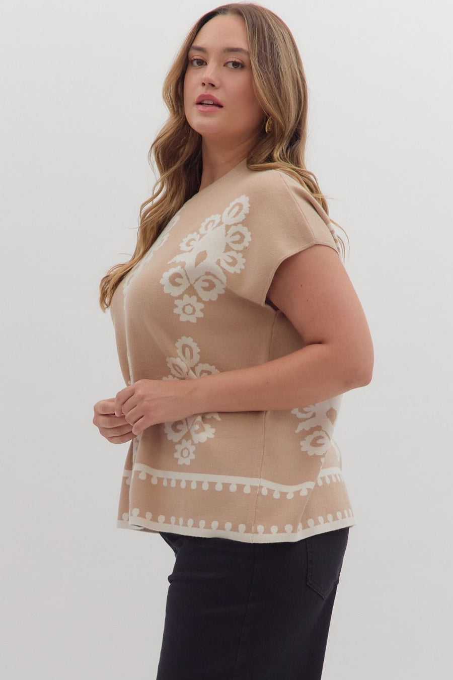 Janie Damask Pattern Woven Sweater Cap Sleeve Pullover Top