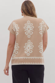Janie Damask Pattern Woven Sweater Cap Sleeve Pullover Top