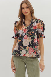 Baroness Garden Roses Floral Print Short Sleeve Top