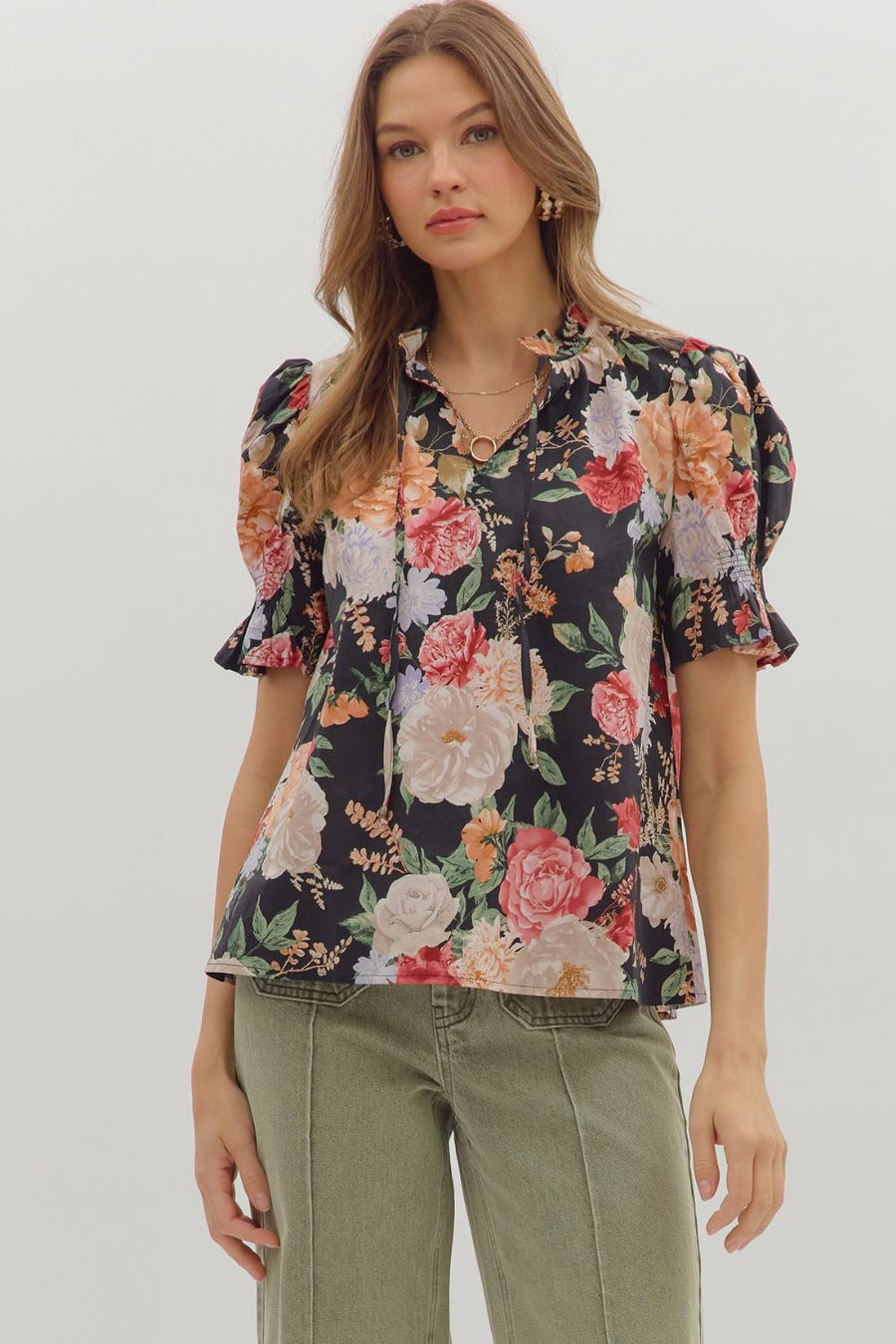 Baroness Garden Roses Floral Print Short Sleeve Top