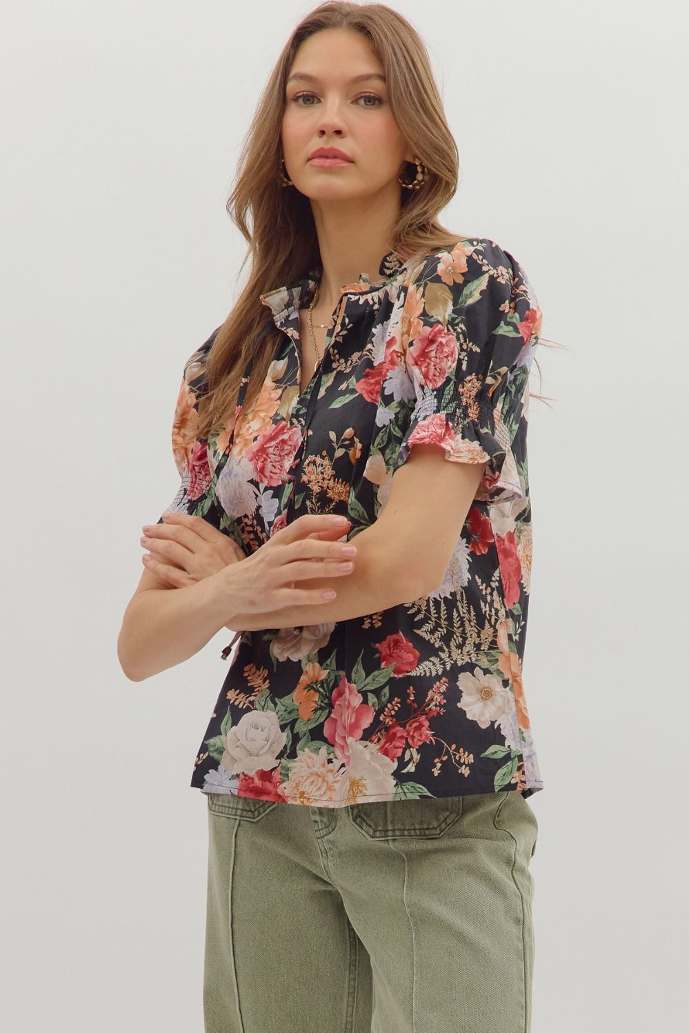 Baroness Garden Roses Floral Print Short Sleeve Top