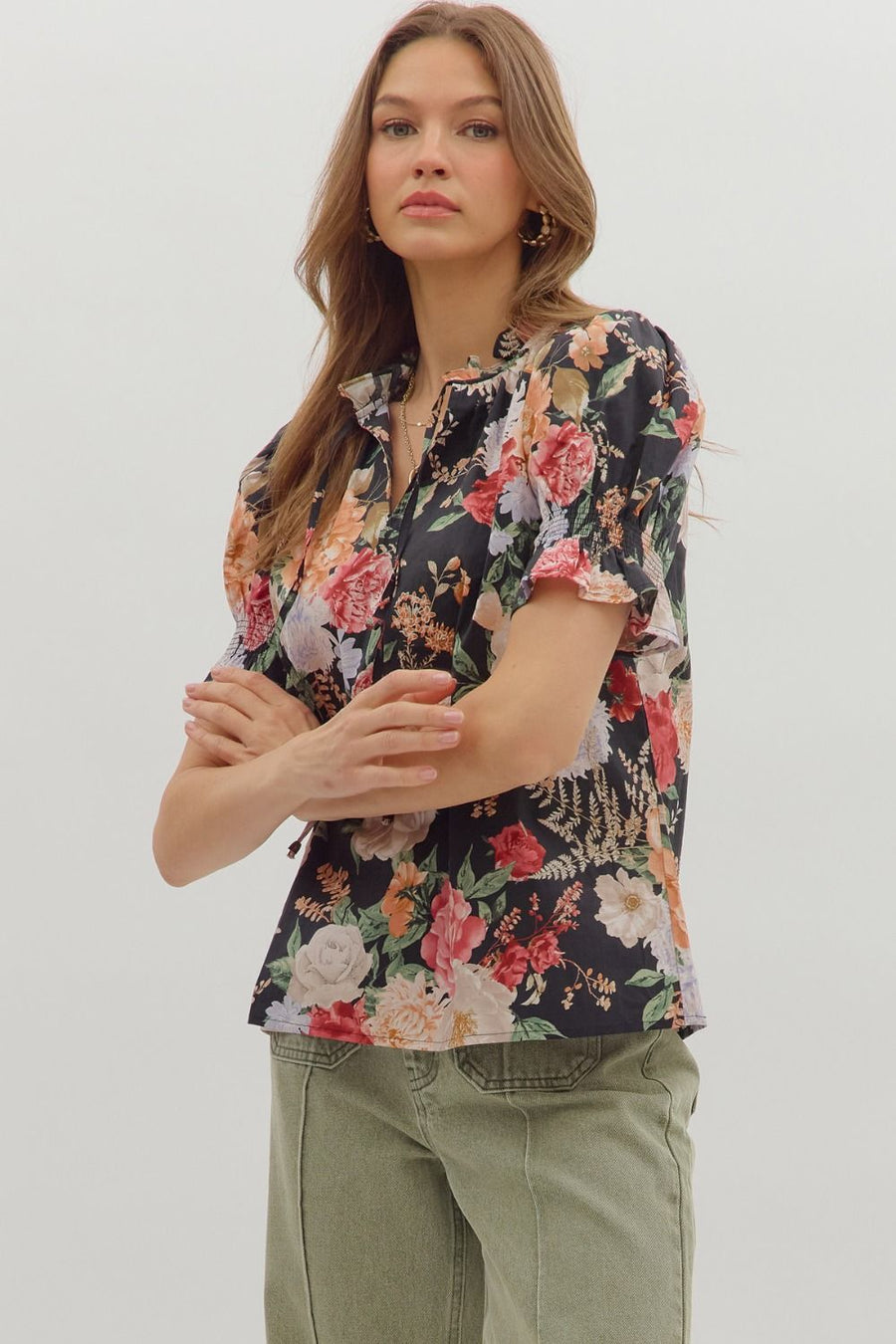 Baroness Garden Roses Floral Print Short Sleeve Top