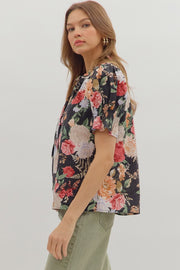 Baroness Garden Roses Floral Print Short Sleeve Top