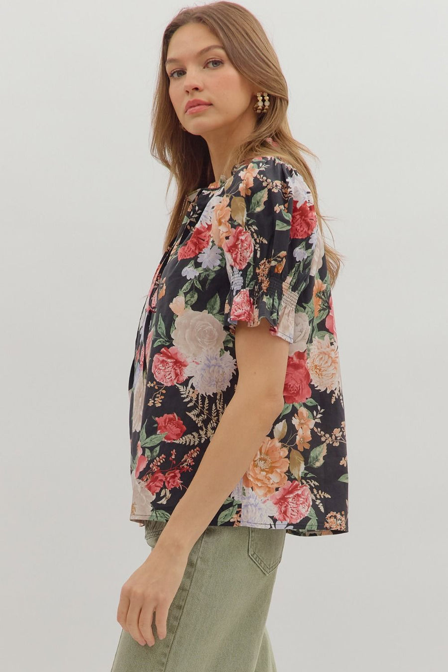 Baroness Garden Roses Floral Print Short Sleeve Top