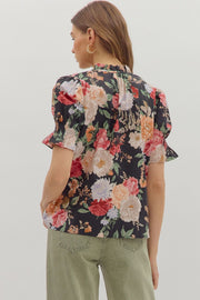 Baroness Garden Roses Floral Print Short Sleeve Top