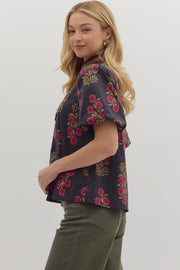 Vinca Floral Print Puff Short Sleeve Split V-Neck Top