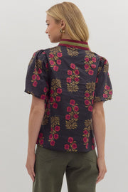 Vinca Floral Print Puff Short Sleeve Split V-Neck Top