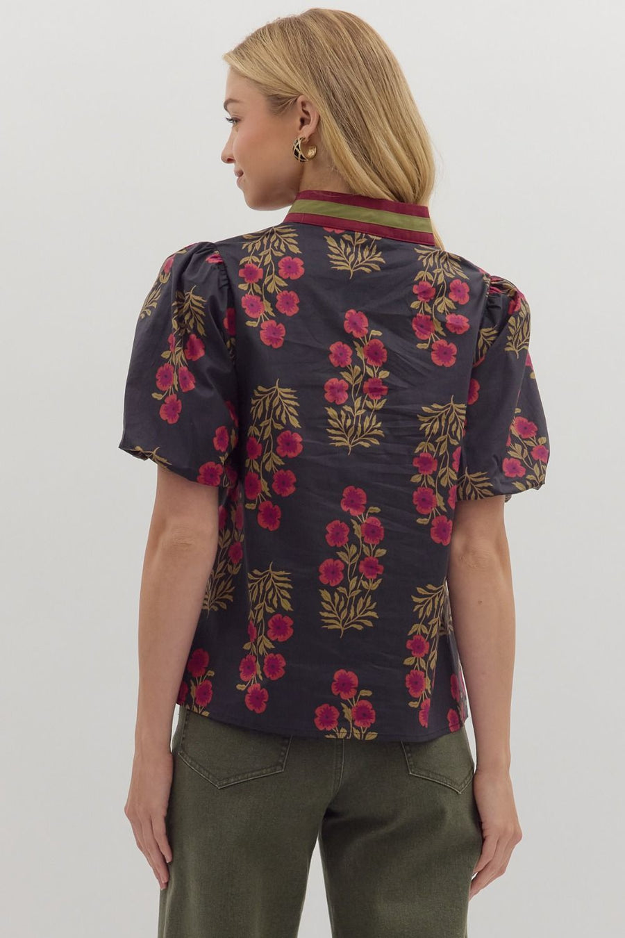 Vinca Floral Print Puff Short Sleeve Split V-Neck Top