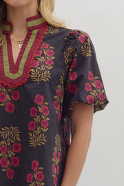 Vinca Floral Print Puff Short Sleeve Split V-Neck Top