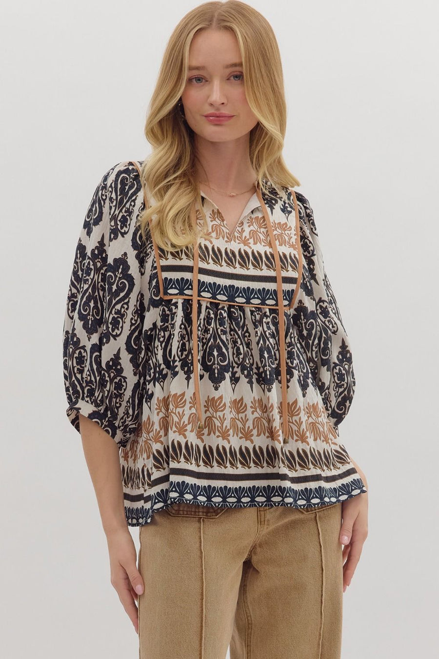 Margaret Brocade Border Print Puff 3/4 Sleeve Top