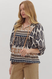 Margaret Brocade Border Print Puff 3/4 Sleeve Top