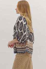 Margaret Brocade Border Print Puff 3/4 Sleeve Top