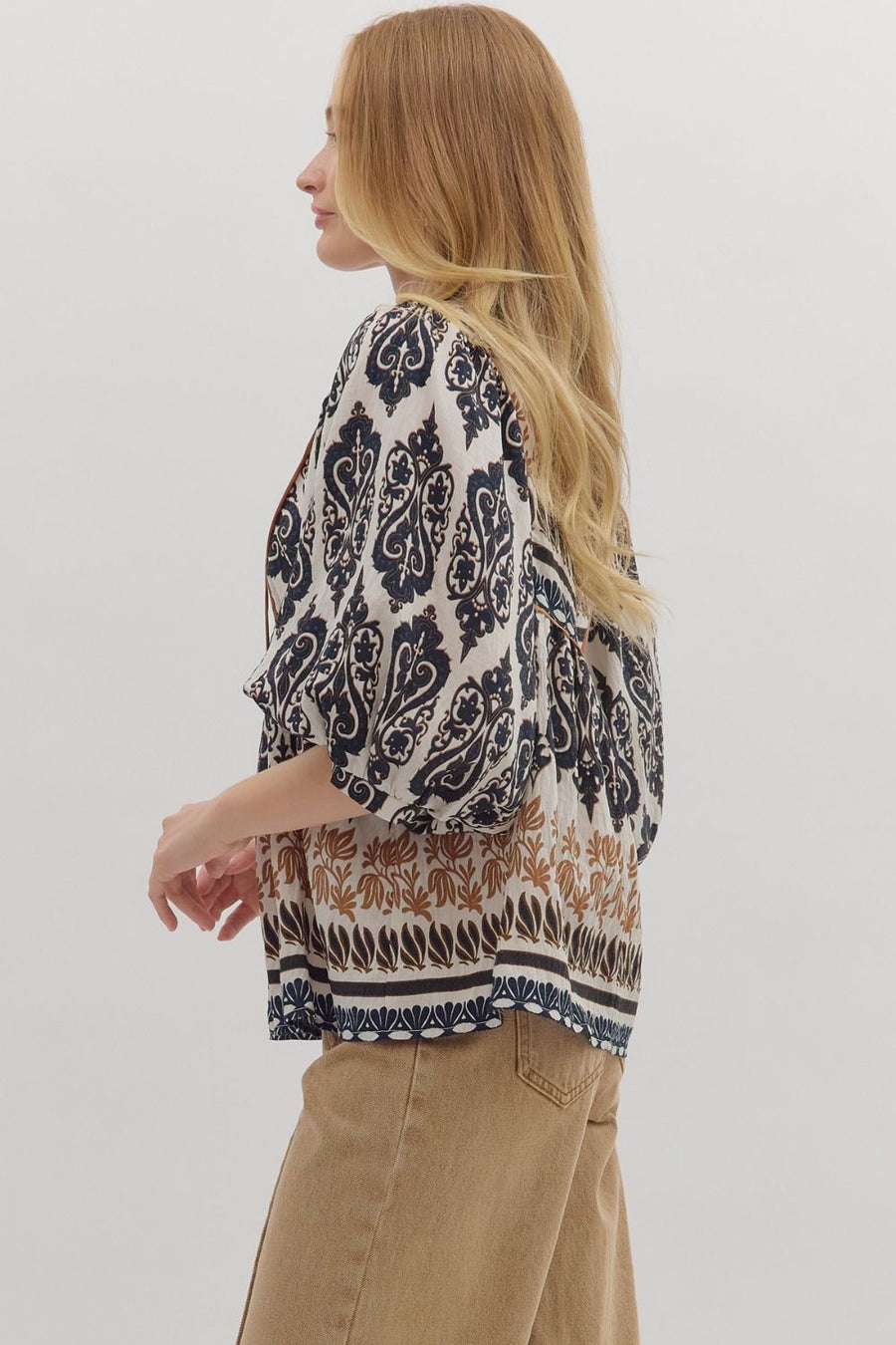 Margaret Brocade Border Print Puff 3/4 Sleeve Top