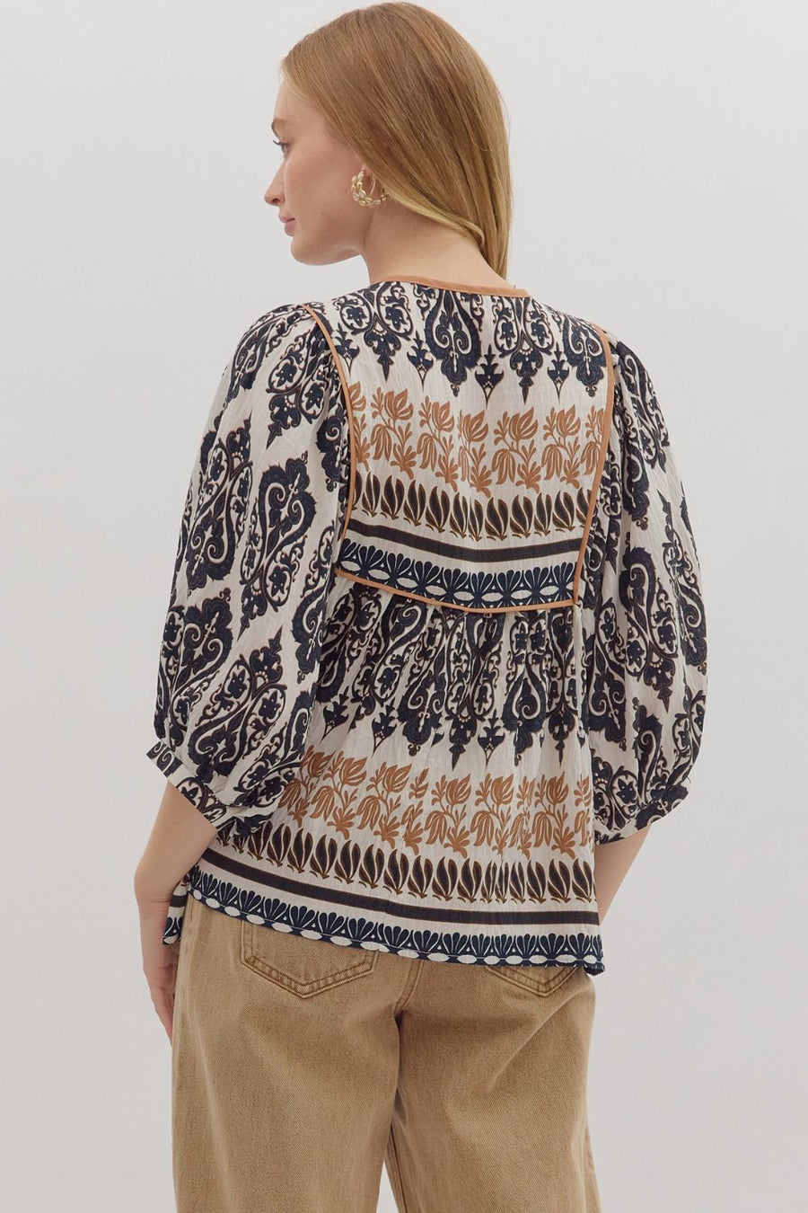 Margaret Brocade Border Print Puff 3/4 Sleeve Top