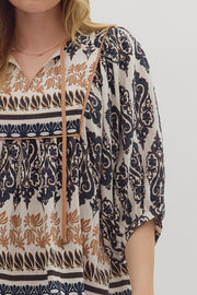 Margaret Brocade Border Print Puff 3/4 Sleeve Top