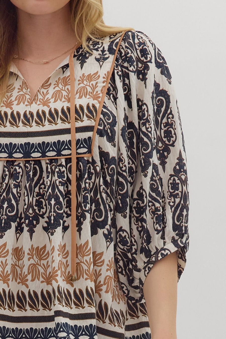 Margaret Brocade Border Print Puff 3/4 Sleeve Top