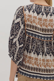 Margaret Brocade Border Print Puff 3/4 Sleeve Top