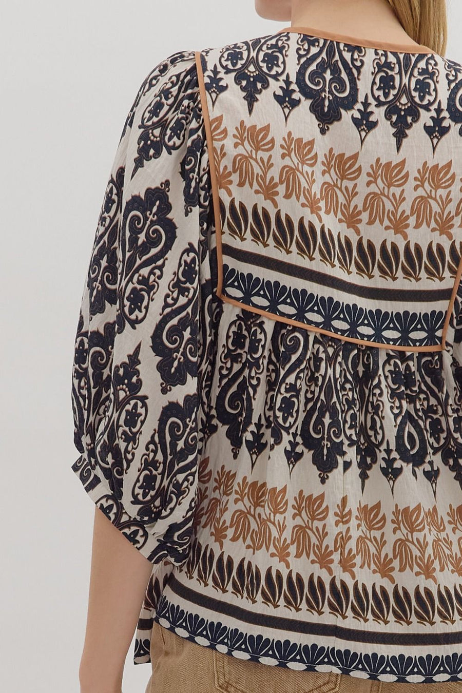 Margaret Brocade Border Print Puff 3/4 Sleeve Top