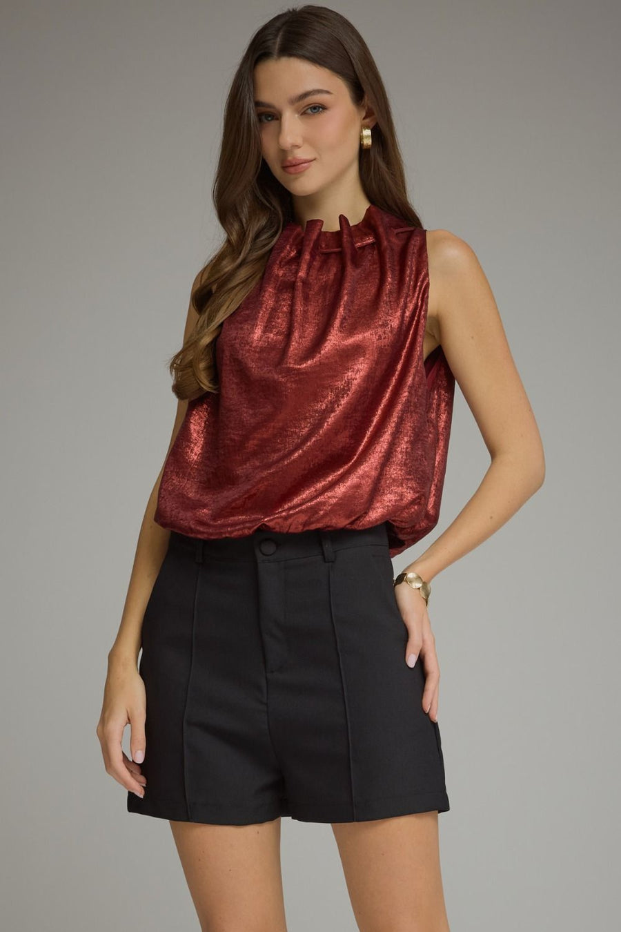 Holiday Sparkle Solid Pleated High Neck Sleeveless Bubble Top
