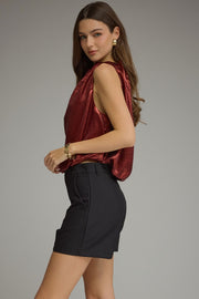 Holiday Sparkle Solid Pleated High Neck Sleeveless Bubble Top
