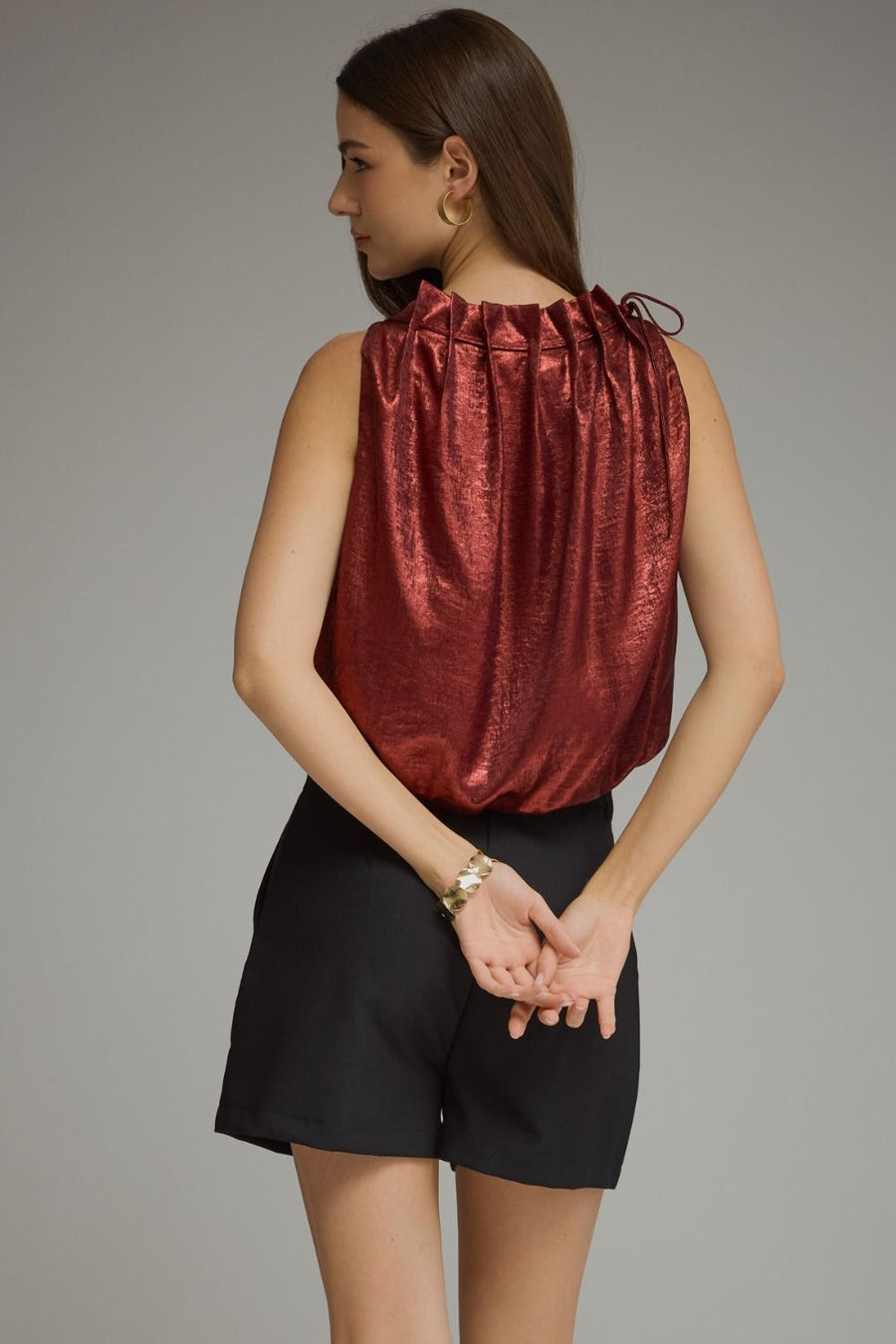 Holiday Sparkle Solid Pleated High Neck Sleeveless Bubble Top