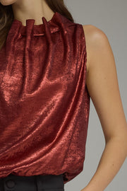 Holiday Sparkle Solid Pleated High Neck Sleeveless Bubble Top