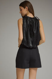 Holiday Sparkle Solid Pleated High Neck Sleeveless Bubble Top