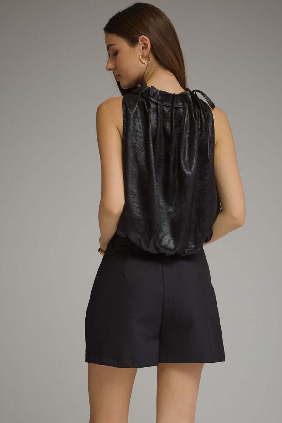 Holiday Sparkle Solid Pleated High Neck Sleeveless Bubble Top