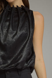 Holiday Sparkle Solid Pleated High Neck Sleeveless Bubble Top