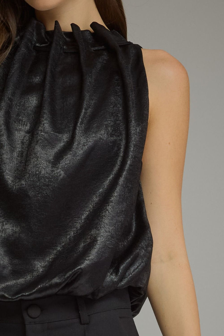Holiday Sparkle Solid Pleated High Neck Sleeveless Bubble Top