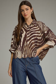 Ziggy Zebra Print Poncho Sleeve Button Front Top