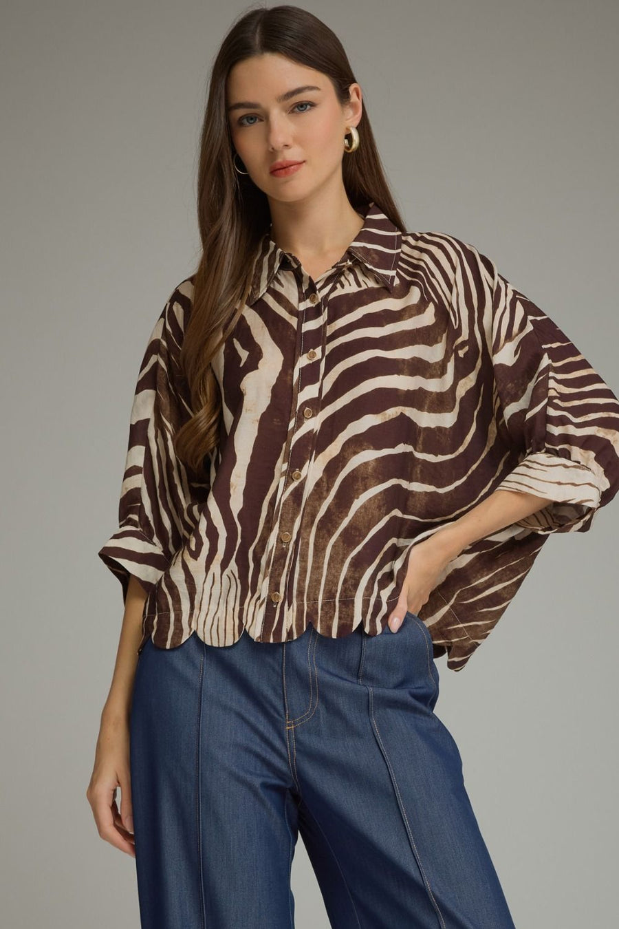 Ziggy Zebra Print Poncho Sleeve Button Front Top