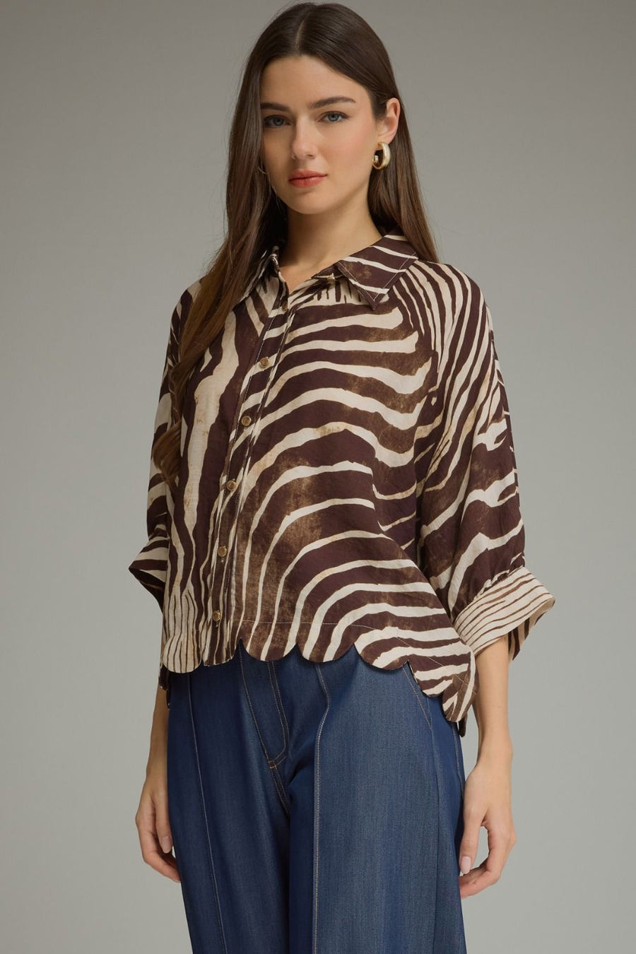 Ziggy Zebra Print Poncho Sleeve Button Front Top