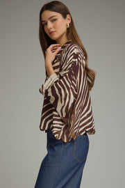 Ziggy Zebra Print Poncho Sleeve Button Front Top