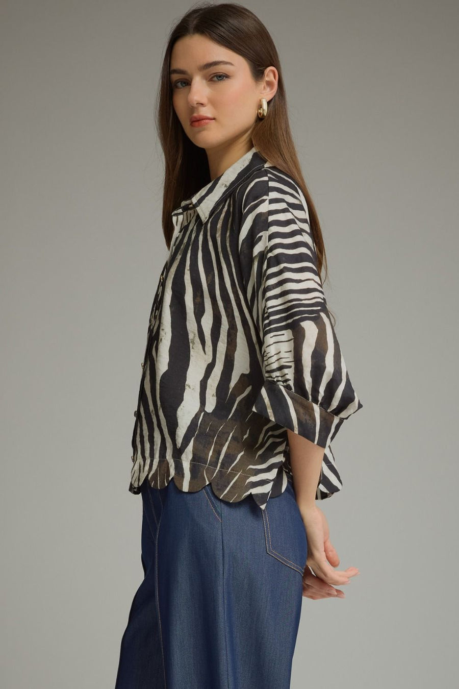 Ziggy Zebra Print Poncho Sleeve Button Front Top