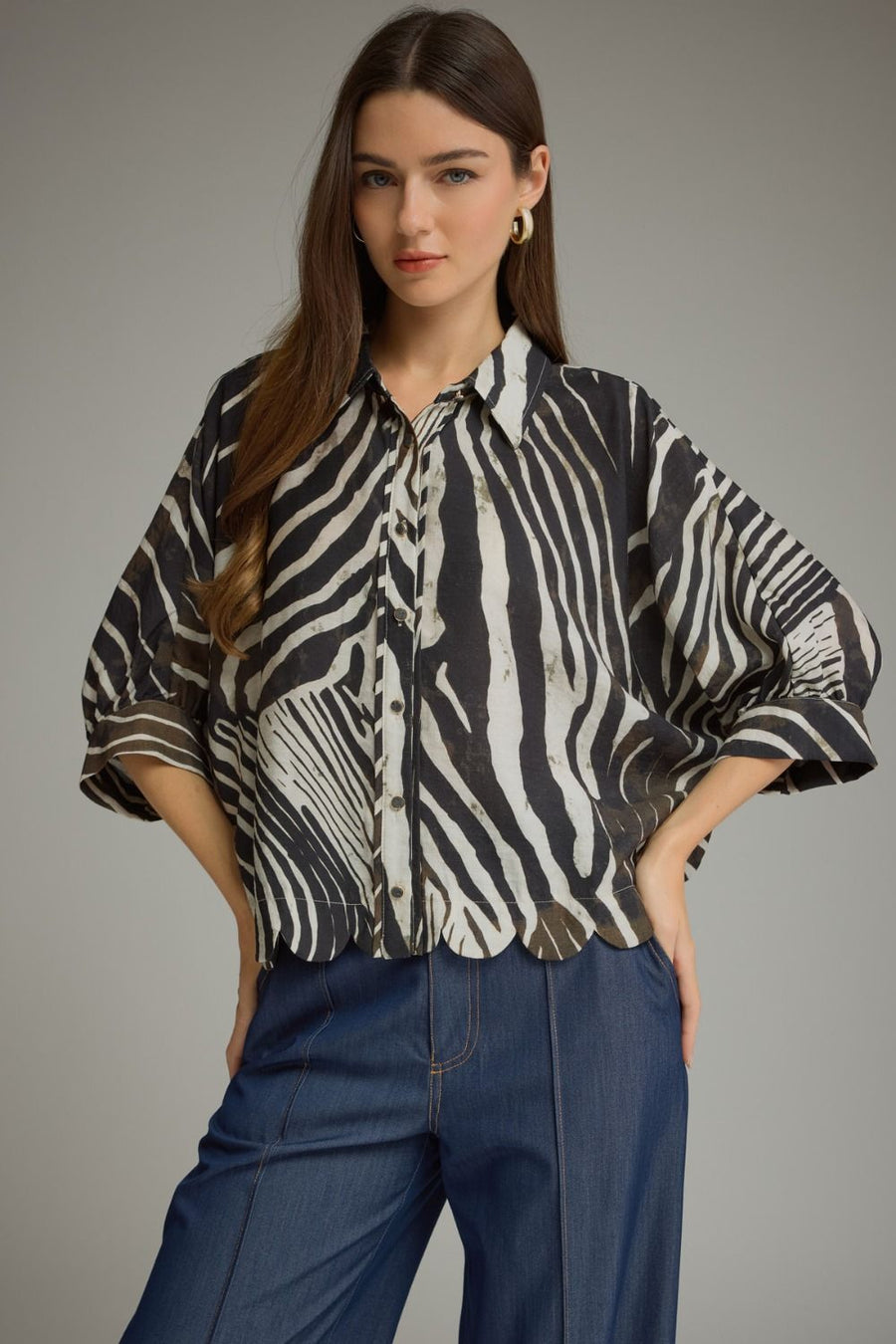Ziggy Zebra Print Poncho Sleeve Button Front Top