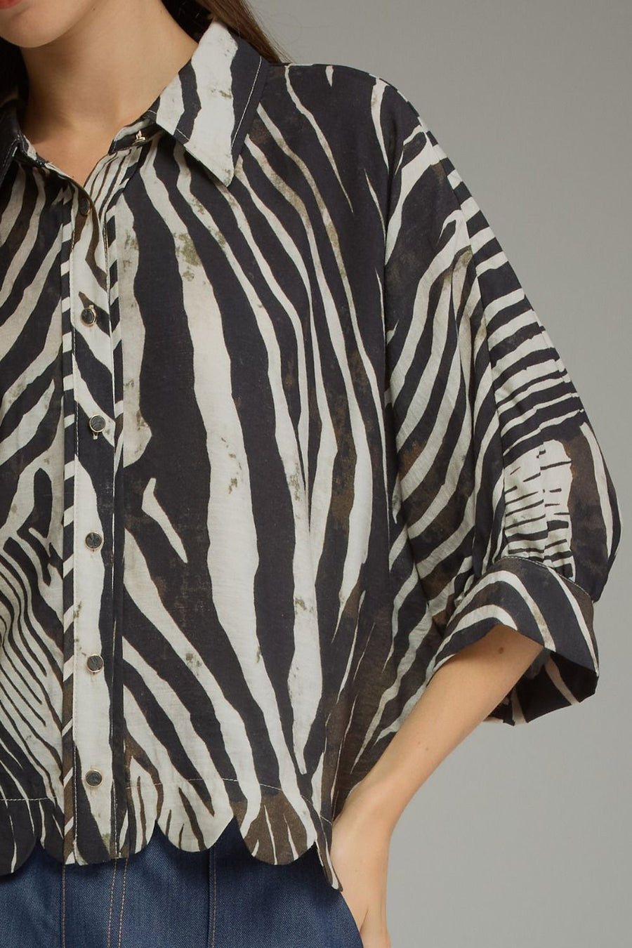 Ziggy Zebra Print Poncho Sleeve Button Front Top