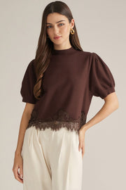 Paulina Lace Detail Short Puff Sleeve Sweater Top