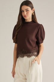 Paulina Lace Detail Short Puff Sleeve Sweater Top