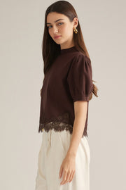 Paulina Lace Detail Short Puff Sleeve Sweater Top