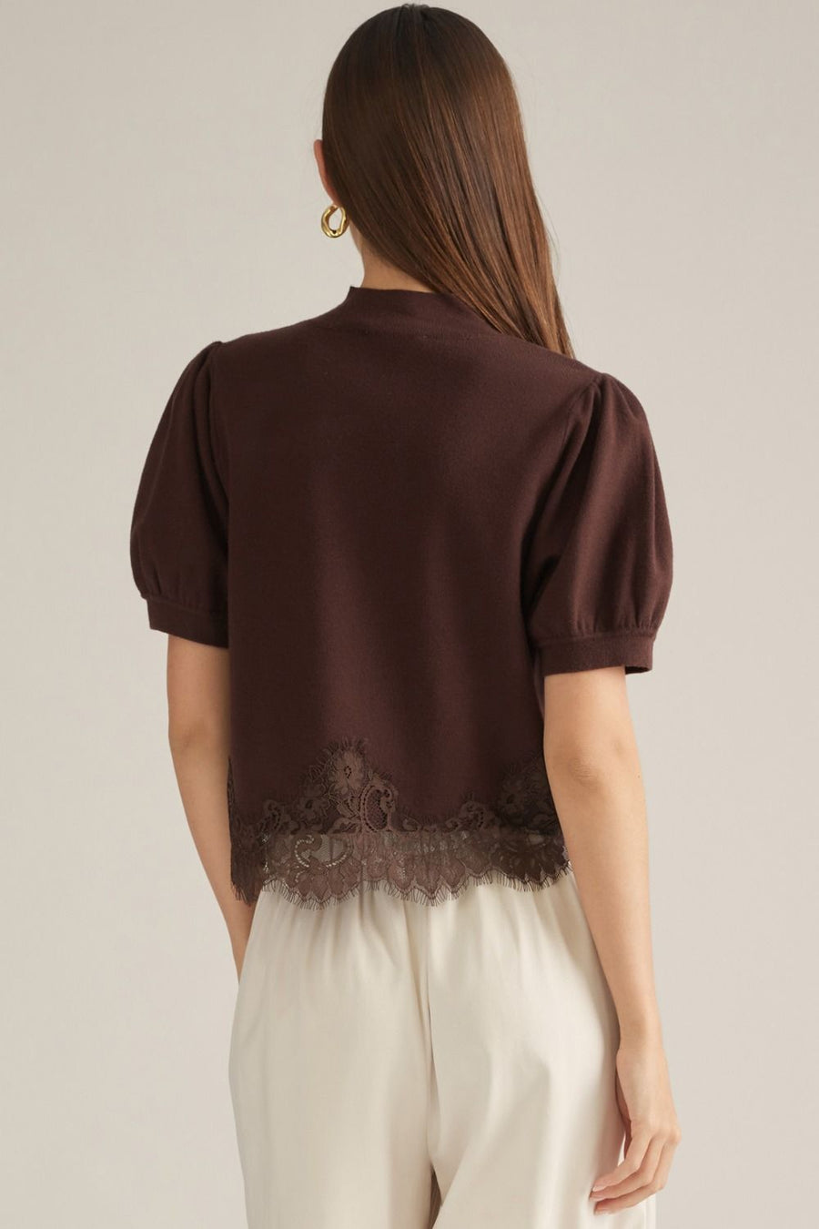 Paulina Lace Detail Short Puff Sleeve Sweater Top